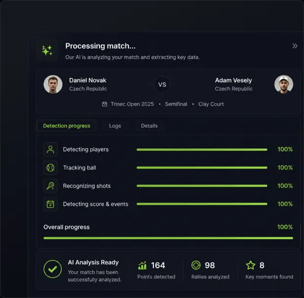 Match processing panel with progress for detecting players, tracking ball and recognizing shots